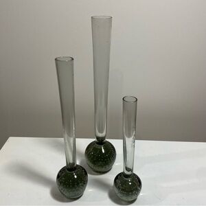 Set of 3 Vintage Handblown Art Glass Clear and Green Bud Vase